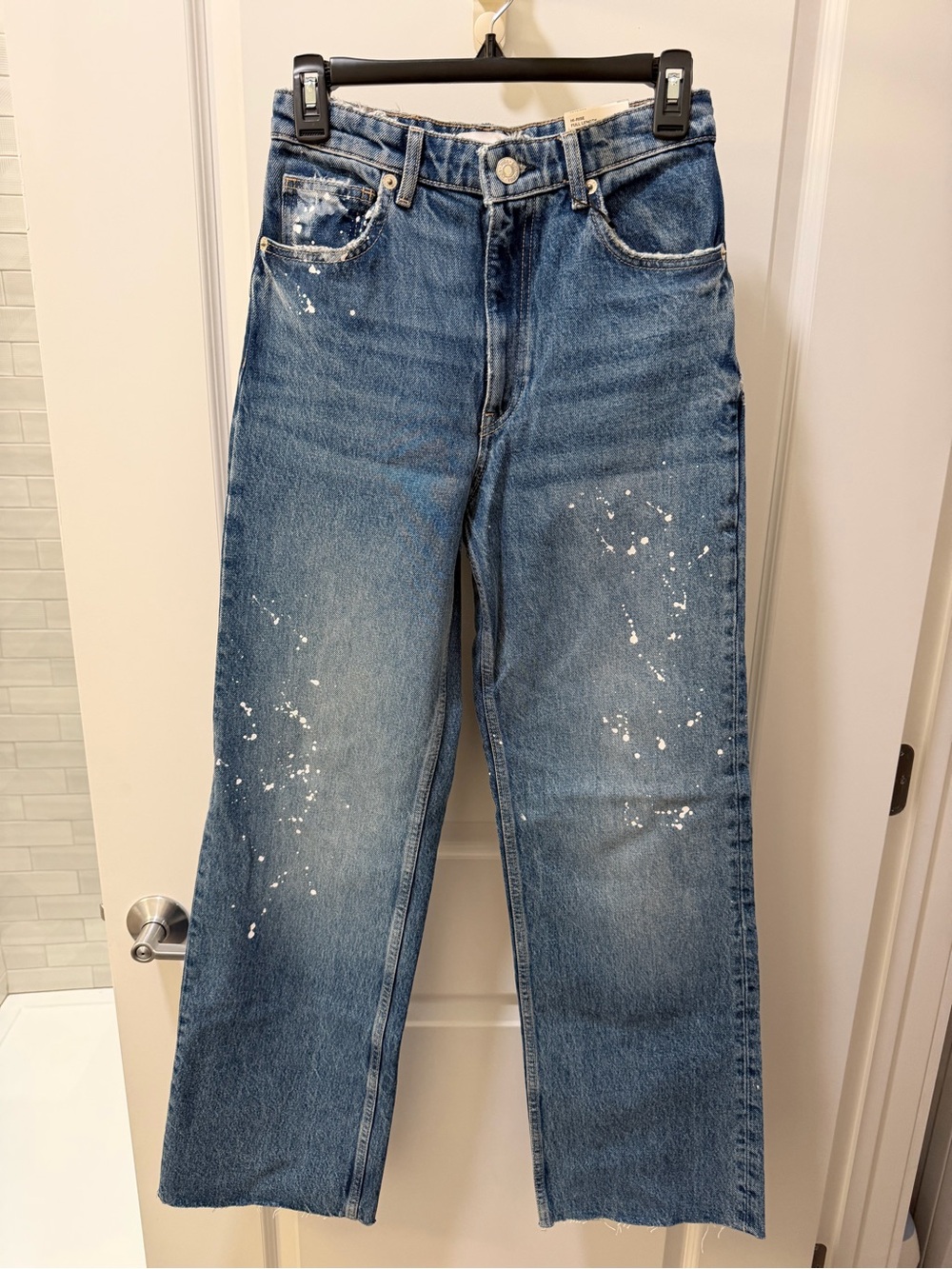 Zara Blue Straight-Leg Jeans with White Paint Splatter